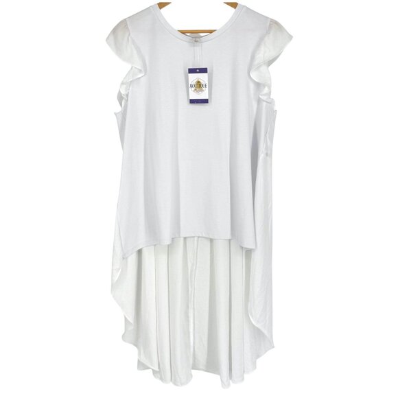 Cato Womens L White High-Low Ruffle Sleeve Top Flowy Blouse Stretch Round Neck - Picture 1 of 16